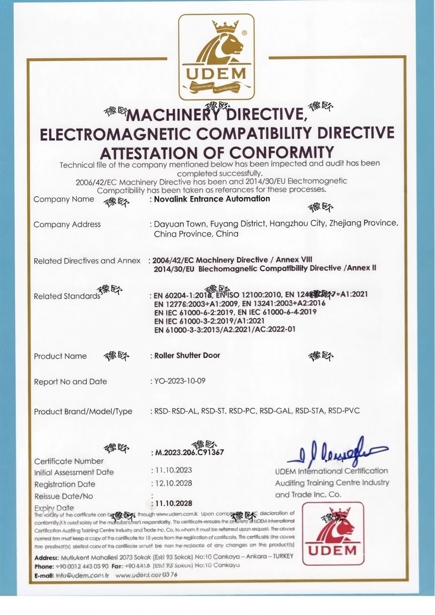 Novalink UDEM Machinery Directive & EMC Compliance Certificate